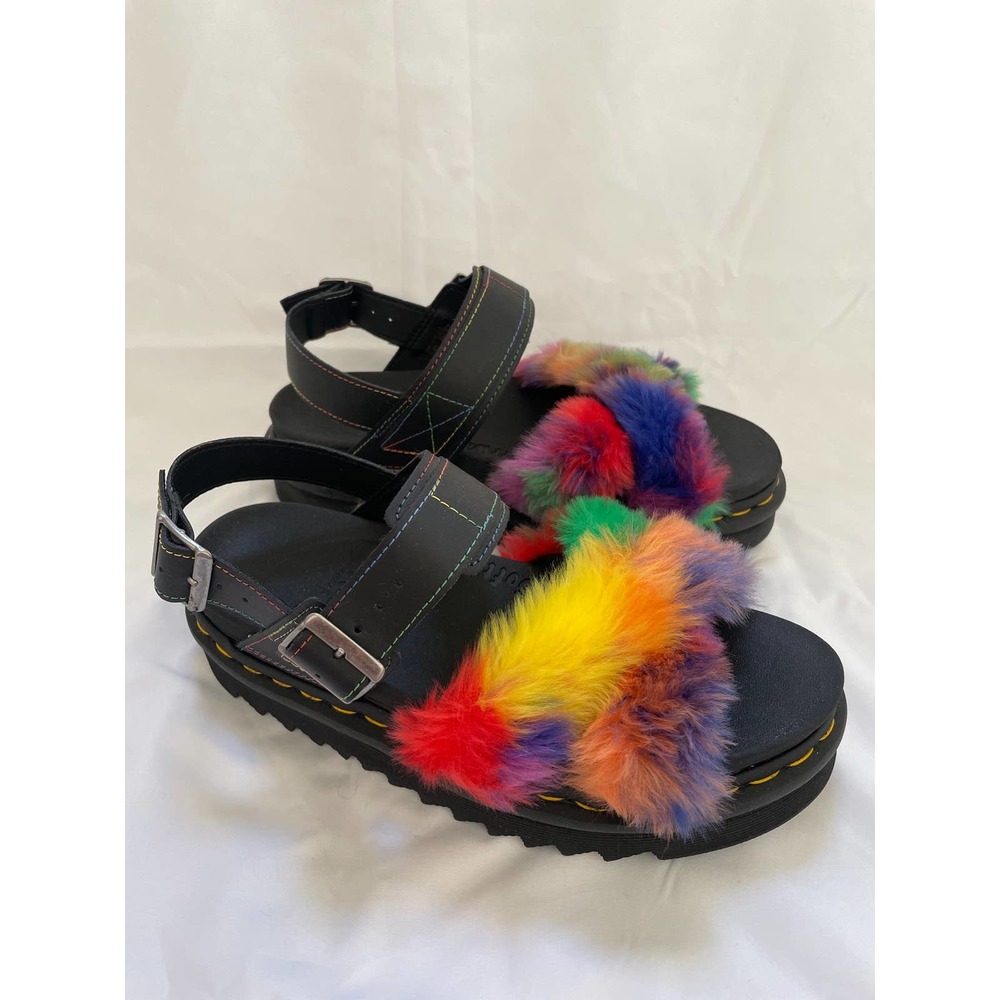 Like New Dr. Martens Voss II Fluffy Rainbow Faux Fur Strap Sandals